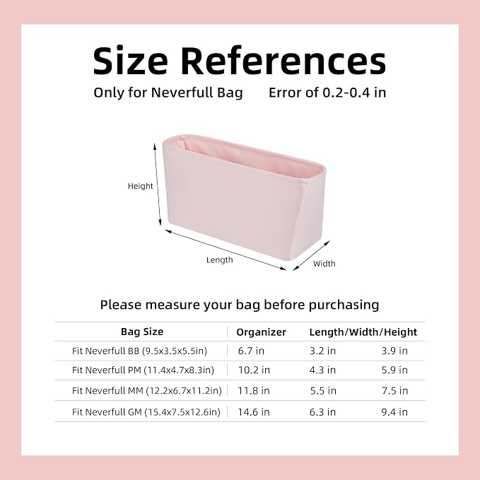 DGAZ Silk Purse Organizer Insert for Neverfullbag(Pink,BB) | Soft and Lightweight,Perfect Fit,Multi-pocket Storage,Bag Protector,Luxury Bag Care,Handmade,for Smooth Bag Organizer - Image 7