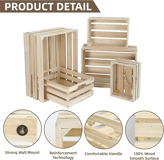 Wooden Crates, Unfinished Set of 5 Large Wood Crates with Handles, Rustic Farmhouse Wooden Crate for Decor, Wedding Birthday Home Party Living Room Kitchen Decoration - Image 3