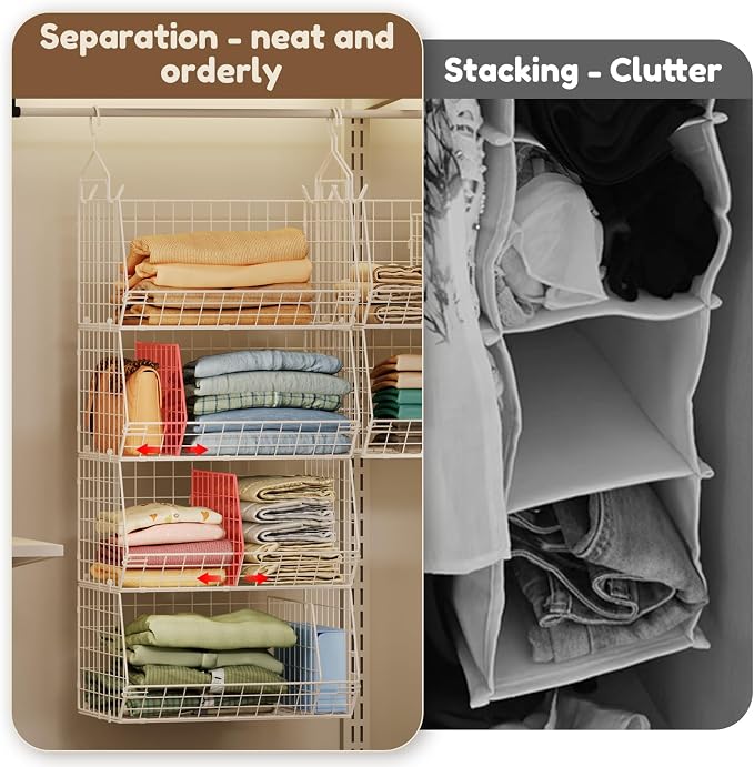 4 Tier Extra Large Hanging Closet Organizer ,Closet Organizer Hanging with 5 S Hooks 4 Dividers,Clothes Organizer Clothing Sweaters Clutches Handbags Hats Accessories-White - Image 6