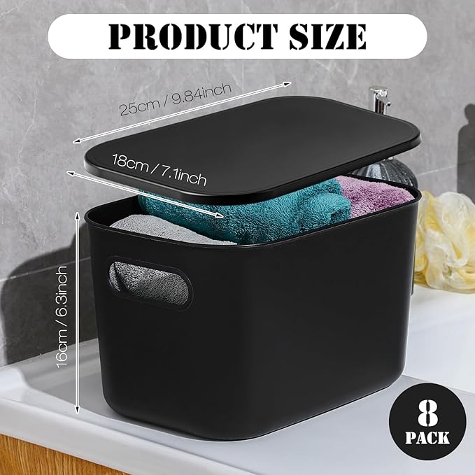 8 Pack Storage Bins, 9.8 X 7.1 X 6.3 Inch Black | Plastic Stackable Containers with Lid Handle, For Shelves Desktop Playroom Office, Organizing Toys Books Supplies Storage - Image 2