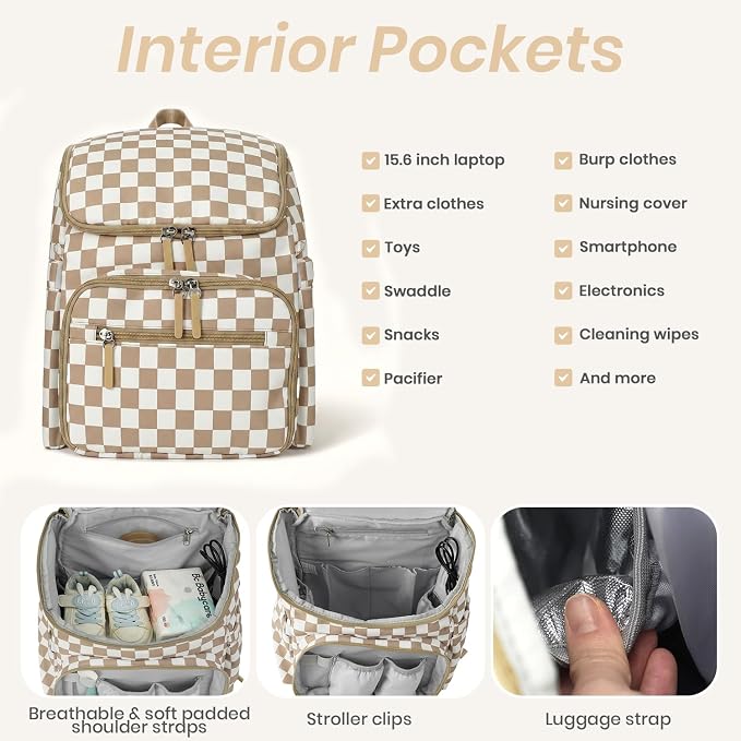 FHELAD Checkered Diaper Bag Backpack with Changing Pad & Stroller Clips | Baby Diaper Bag, Baby Shower Gifts, 4 Insulated Bottle Holders, Wet Wipe Pocket, Luggage Strap - Image 5