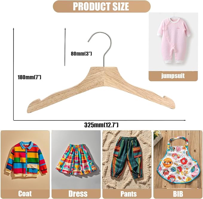 Natural 12.7" Ultra-Thin Wooden Children Closet Clothes Hangers 24PCS Wood Baby Kids Coat Hangers for Infant Toddler Newborn Jumpsuit Pants Skirts Jeans Space Saving Heavy Duty Durable Hangers - Image 6
