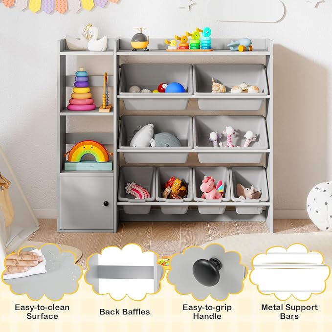 Costzon Kids Toy Storage Organizer w/ 8 Bins, Wooden Toddler Bookcase w/Open Shelves & Cabinet, Multifunctional Toy Storage Cabinet for Kids Room, Nursery & Playroom - Image 6