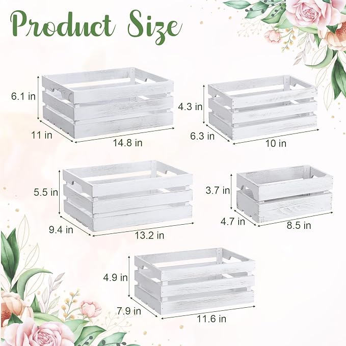 Soaoo 5 Pcs Decorative Nesting Wooden Crates for Storage Display 5 Size Large Small Rustic Wood Decorative Storage Crates with Handle Farmhouse Crate Box Container Made from Pine(Vintage White) - Image 2