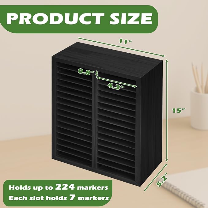 PROLEE Marker Organizer for 224 Markers, Wooden Alcohol Marker Holder with 32 Compartments, Horizontal Art Pen and Pencil Storage Rack for Desk, Classroom and Studio, Black - Image 3