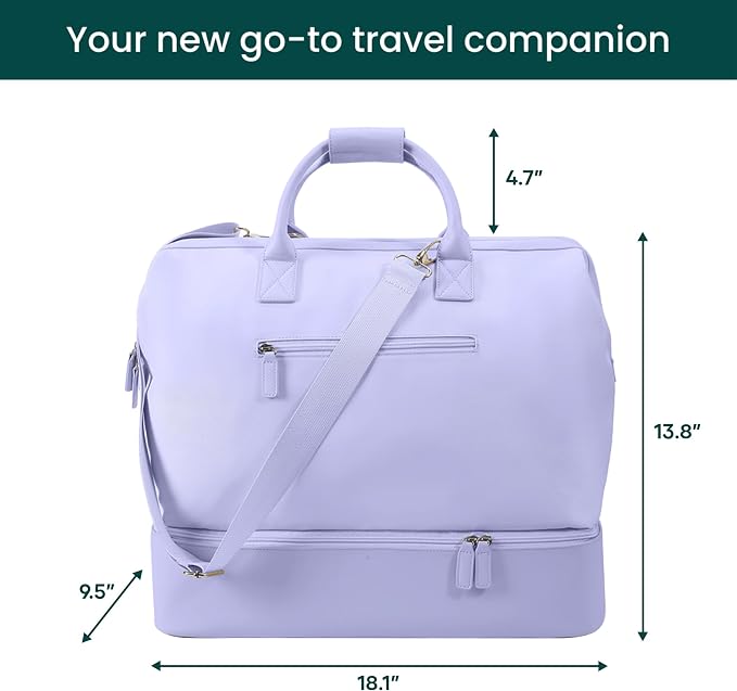 Nobl Travel Weekender Bag for Women & Men, Large Carry-On Duffel, Lavender | Leather Overnight Tote with Trolley Sleeve, Separate Shoe Compartment & Laptop Pocket for Airplane, Gym & Road Trips - Image 4
