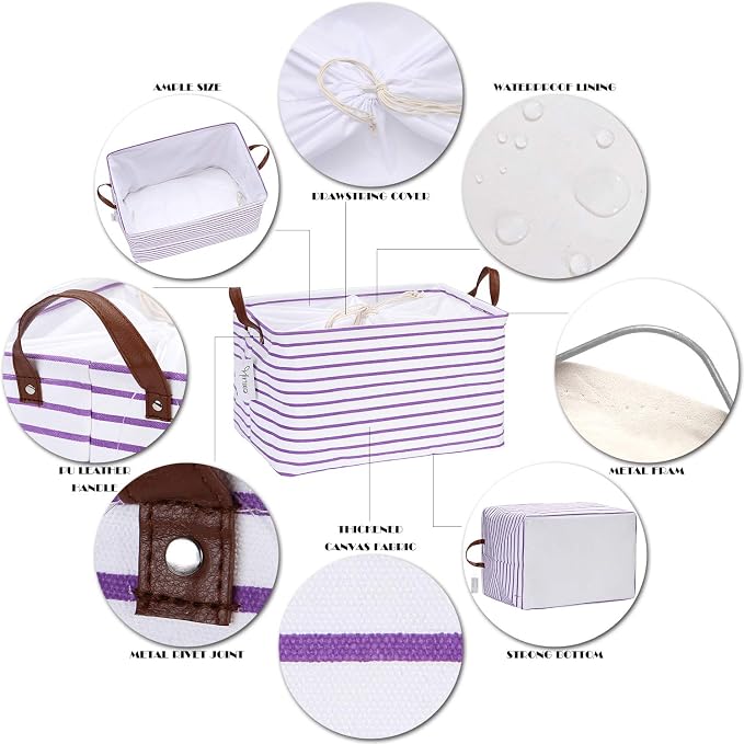 Hinwo 31L Large Canvas Storage Bin with Lid and Handles | Collapsible Fabric Basket, Closet Shelf Organizer, Container for Clothing, Blankets, Toys, Bedding (Purple Stripe) - Image 4