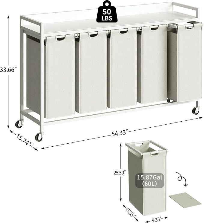 Herture Laundry Hamper with Shelf, Laundry Basket 5 Section, Laundry Sorter with Pull-Out Removable Large Bags and Movable Wheels, Metal Frame, 5 x 15.87 Gallons (60L), White PF08XLW - Image 2
