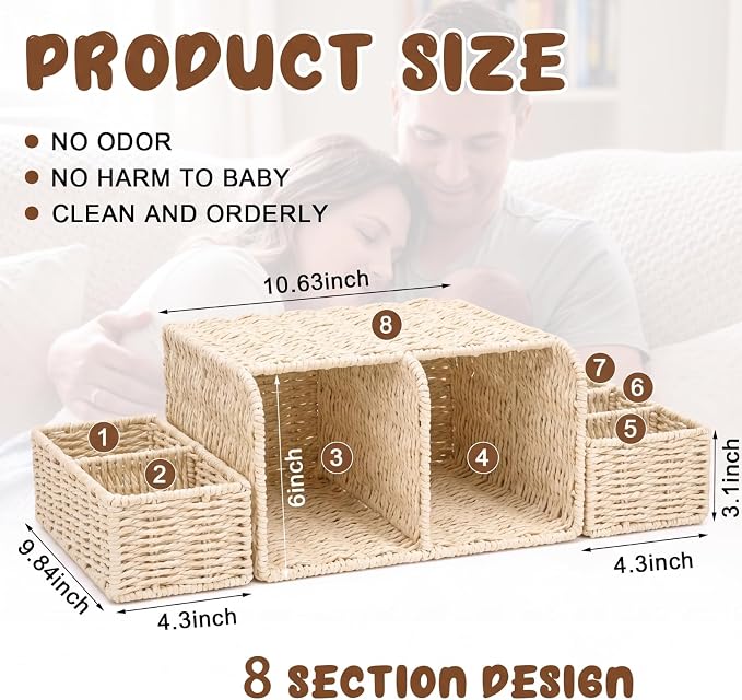 Large Wicker Diaper Caddy Organizer, Detachable Modular Changing Table Organizer for Nursery, Woven Diaper Storage Dispenser Basket for Nursery Diapering Baby Essentials Gift(White,Paper) - Image 2
