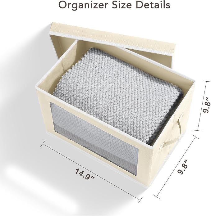Storage Cubes with Lids - 5 Pack Foldable Clear Window Storage Bins, Large Decorative Storage Bins with Handles, Storage Containers for Clothes, Towel, Blanket, Sheet, Beige - Image 2