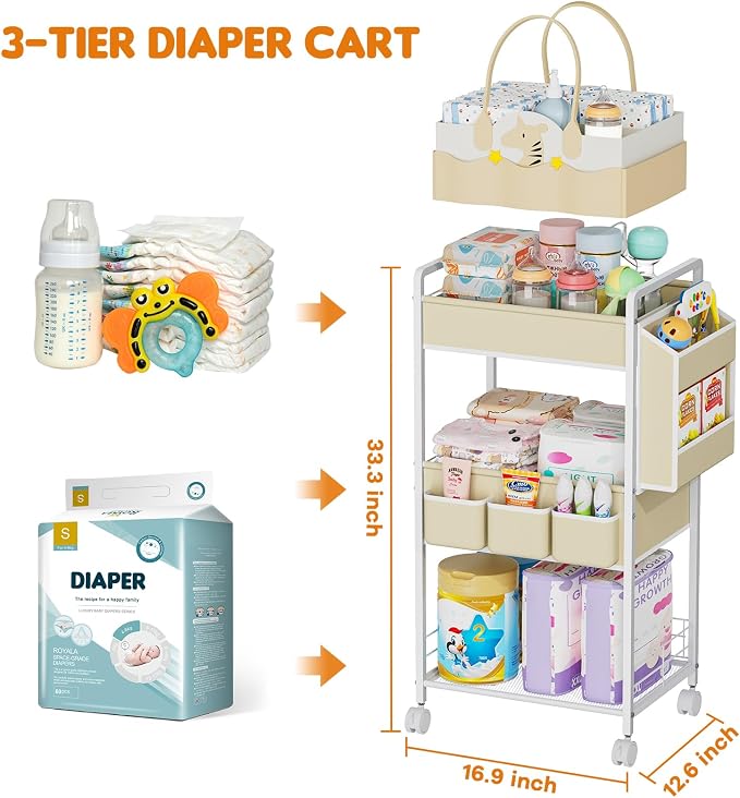 JBBTOOL 2In1 Baby Diaper Caddy & 3-Tier Rolling Diaper Cart, Diaper Caddy Organizer with Dividers & Pockets, Mobile Metal Utility Cart for Baby Essentials, Bedroom, Kitchen & Office - Image 2