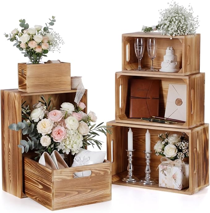 AceOrbit Set of 6 Rustic Wood Crates, Nesting Storage Boxes,Light Brown | Distressed Wooden Containers with Cutout Handles, Vintage Farmhouse Wedding Party Decor, Decorative Baskets for Supplies by Unknown