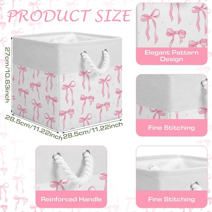 LemonRoad 6 Pcs Pink Bow Cube Storage Bins Square 11.22 Inch Storage Basket with Handle Preppy Girl Organizer Basket Collapsible Fabric Box for Classroom Bedroom Office Home Decoration Gift - Image 6