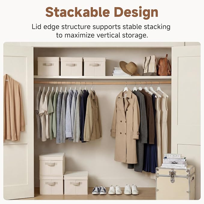 StorageWorks Storage Bins with Lids, Storage Basket with Lid, Closet Bins | Lidded Dust-proof, Easy Pull Handles, Foldable, Stackable, Ideal for Clothes Blanket Towel, Large, Cream White, 3-Pack - Image 3