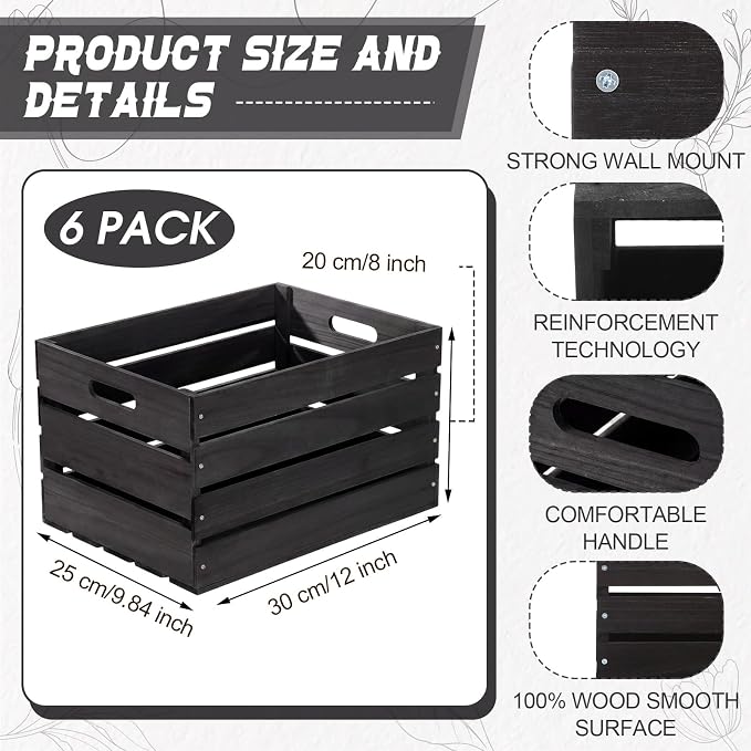 Weysat 6 Pack Large Wood Crates Box for Storage 12 Inch Unassembled Wooden Milk Crates with Handles Decorative Nesting Box for Display Unfinished Rustic Decor DIY Office Home Retail Art Craft(Black) - Image 2