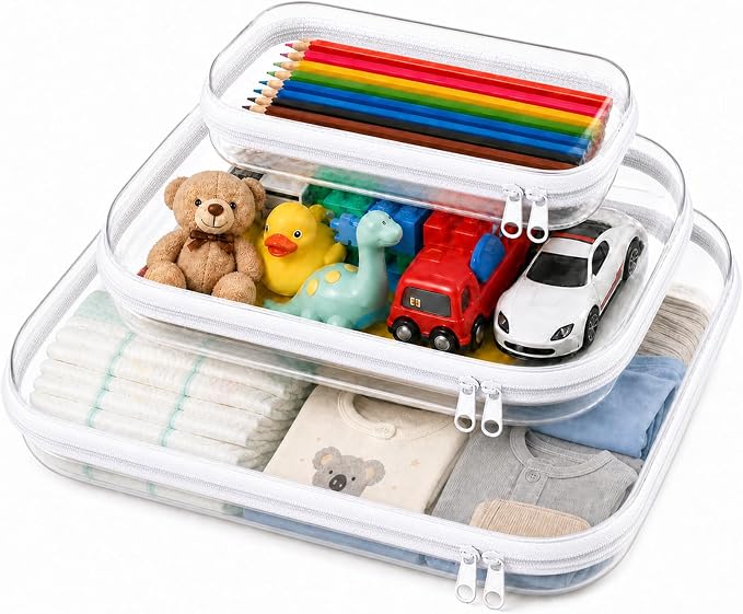 3PCS Clear Hard Shell Zipper Case 13.8 * 11.8 * 2 IN (White) | Transparent shell for easy item access. Works as cosmetic bag, toy pouch, diaper organizer and pencil case. by Calantre