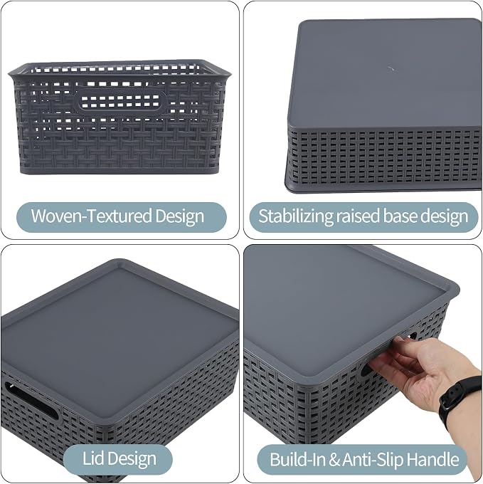 6 Pack Plastic Storage Bins with Lids, Stackable Storage Baskets with Handles, Plastic Organizer Container Bins for Desk,Shelves,Office, Pantry Organizers and Storage, Grey - Image 3