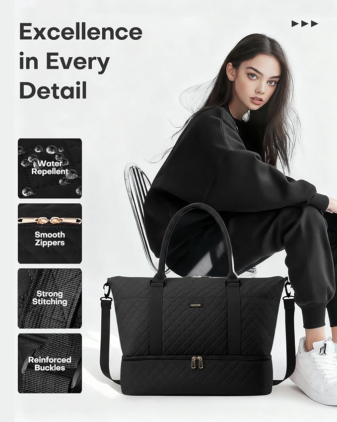 HOTOR Travel Duffel Bag - Weekender Bags for Women, Carry On Gym Tote Bags | with Toiletry Bag & Shoe Compartment, Overnight Bag for Travel Essentials and Travel Accessories, Black, 13.4"×17.3"×7.9" - Image 6