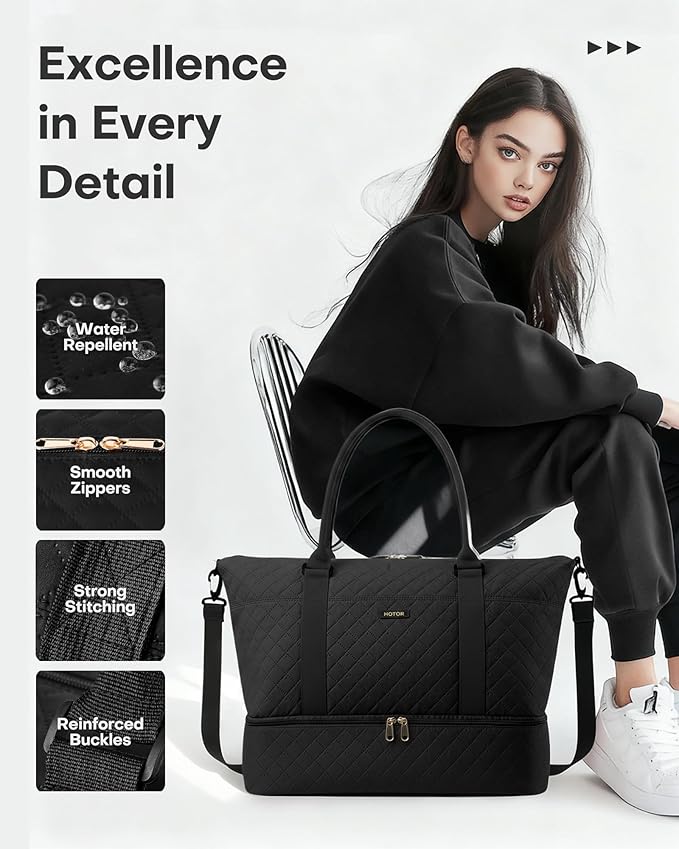HOTOR Travel Duffel Bag - Weekender Bags for Women, Carry On Gym Tote Bags | with Toiletry Bag & Shoe Compartment, Overnight Bag for Travel Essentials and Travel Accessories, Black, 15.8"×18.1"×8.7" - Image 6