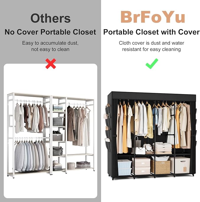 Portable Closet for Hanging Clothes, 67 Inch Wide Portable Wardrobe Closet with Cover, 4 Hanging Rod, Storage Shelves and Side Pockets, Large Free Standing Closet for Bedroom, Black - Image 7