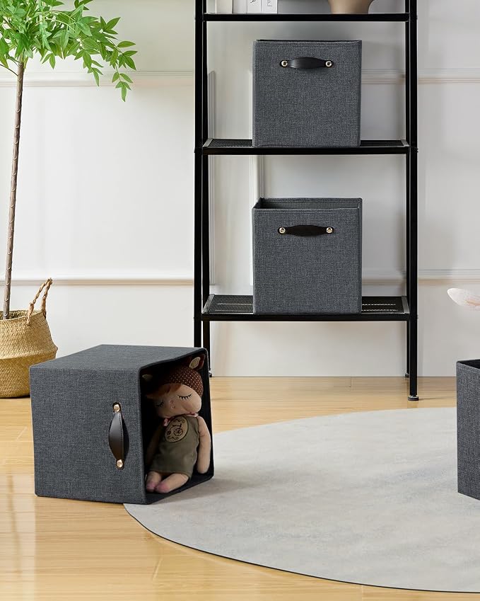 Cube Storage Bins | 13"x15"x13", Graphite Gray, 4 Pack | Multi-Size | 2X Thick Support Board | Vegan Leather Handles | 7.7 oz/yd² Fabric | Drawer Insert Basket Fits KALLAX - Image 6