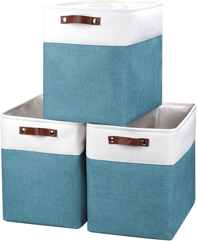 Large Fabric Storage Baskets | 50L Storage Bins, Decorative Linen Closet Baskets with Handles for Organizing, Shelf, Toys, Clothes, Home, Office, Nursery, 17x12x15Inches (Teal&White) by Bagnizer