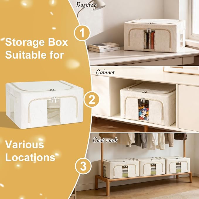 3 Pack Clothes Storage Bins with Metal Frame,Foldable Storage Bin with Lid for Clothes,Stackable Cotton Linen Fabric Organizer Set with Carrying Handles and Clear Window(Beige, 24L) - Image 5