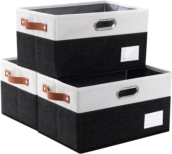 Foldable Storage Bins with Handles [3-Pack] Fabric Collapsible Storage Boxes Baskets Cubes Containers with Handles for Closet Living Room Bedroom (Black & White 14.9x9.8x8.3'') by Prandom
