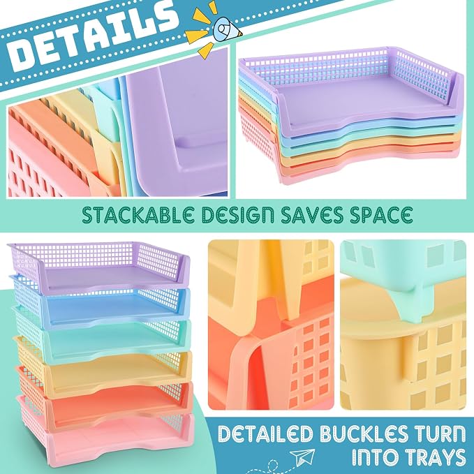 Teenyyou Set of 12 Colorful Turn in Trays Classroom Plastic Stackable Paper Tray Classroom Teachers Desk Organizer Bin for Office Home Teachers Organization and Storage,9 x 13 x 3 Inches(Morandi) - Image 4