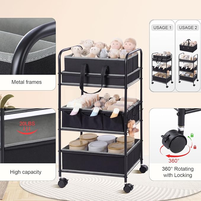 Honeydak 2in1 Baby Diaper Caddy Organizer Cart 3 Tier Large Capacity Metal Utility Bedside Rolling Cart with Divider Newborn Registry Nursery Essential Must Have Crib Bedroom Baby Shower(Black) - Image 3