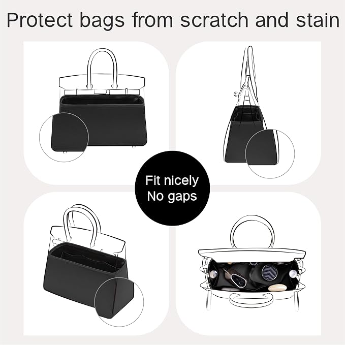 Fits for Brikin Bag Insert Organizer For Hermes(30 R,Black) | Premium Silk Material,Smooth Touch,Lightweight,zipper,protect from scratches & stains,multiple pockets,keychain,waterproof - Image 4