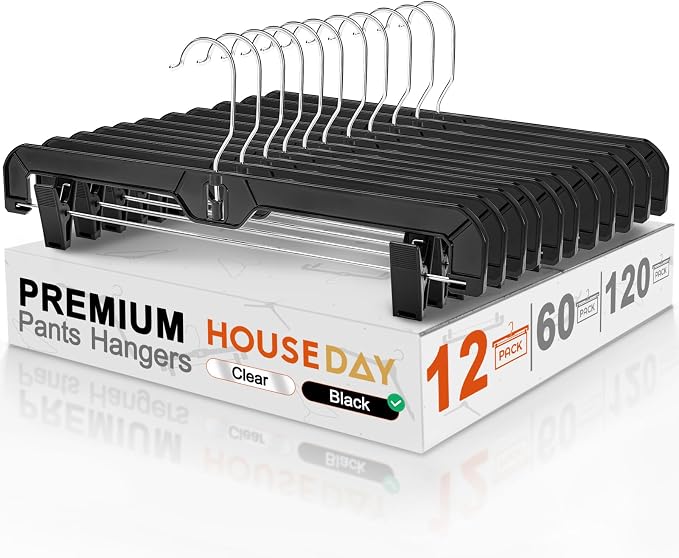 HOUSE DAY Black Pants Hangers with Clips 12 Pack, Plastic Skirt Hangers for Women, 14 Inch Clip Hanger for Pants, Skirts, Jeans, Shorts, Legging, with 360-degree Swivel Hook, 2 Adjustable Clips by HOUSEDAY