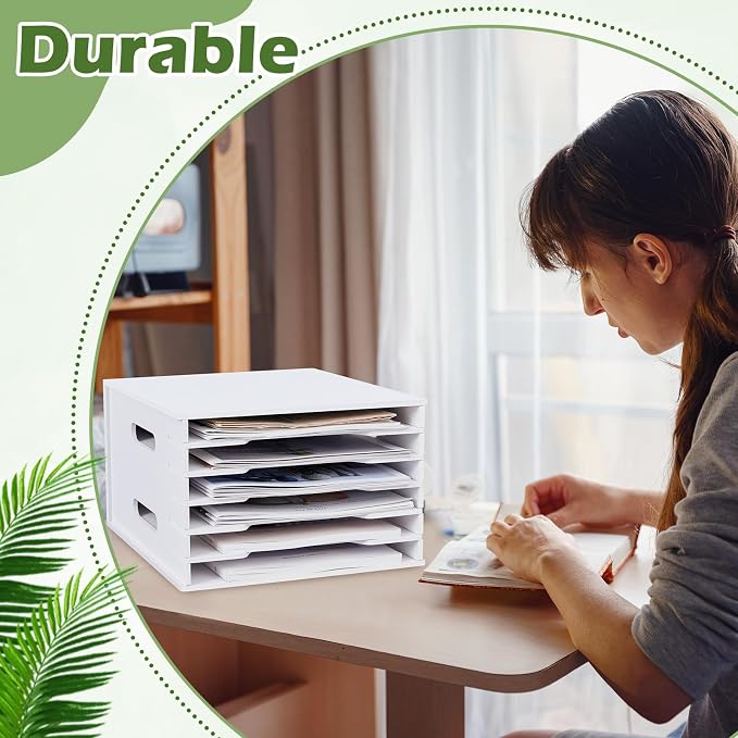 6 Tier 8.5" x 11" Scrapbook Paper Organizer, White Cardstock File Organizer with Adjustable Shelves, Stackable Paper Trays, Desktop Storage Rack Document Holder for Desk Home Office - Image 7