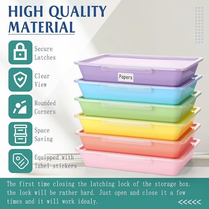 12 Pcs Classroom Paper Storage Bins with Clear Latching Lids Labels, Letter Size Stackable Flat Trays Container Paper Organizer for Teacher Back to School Office Arts Crafts (Macaron,13x10in) - Image 3
