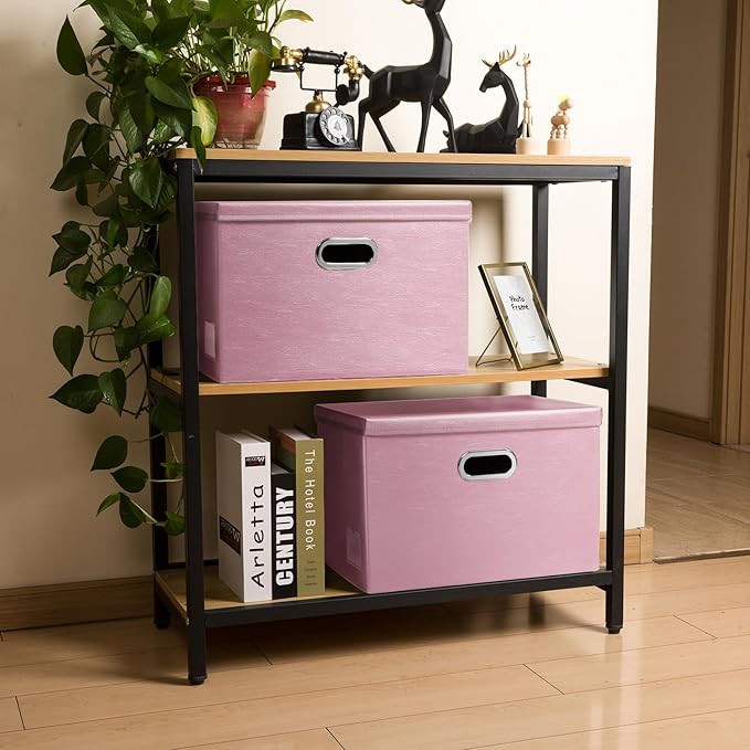 Large Collapsible Storage Box with Lid [1-Pack] Leather Fabric Foldable Storage Bin Organizer Container Basket Cube with Cover for Home Bedroom Closet Office Nursery Pink (17.7x11.8x11.8) - Image 3
