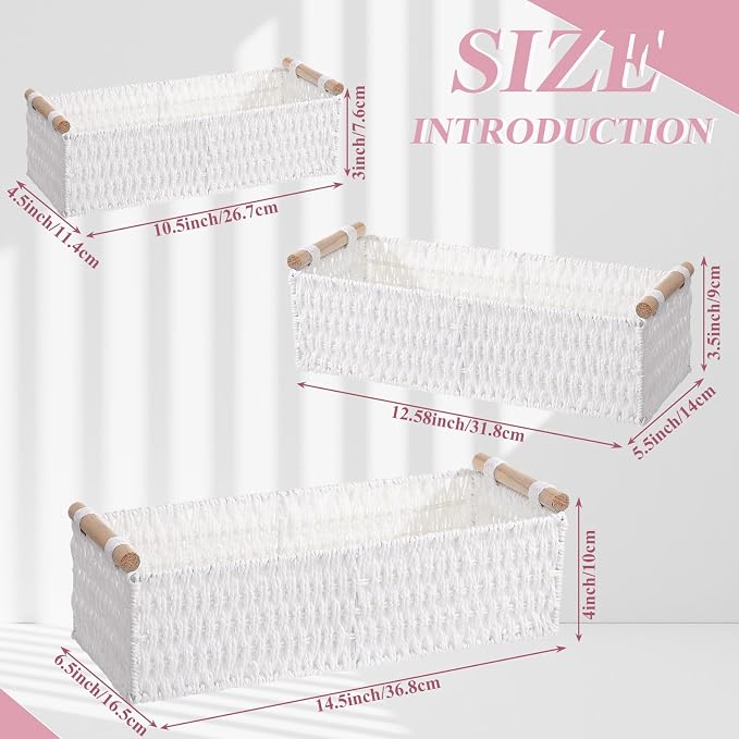 Boao 3 Pcs Boho Storage Wicker Baskets Handmade Woven Decorative Paper Rope Baskets for Organizing with Handle Countertop Toilet Paper Storage Container for Toilet Tank Top(White,Rectangle) - Image 2