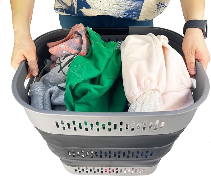 SAMMART 38L (10 Gallon) Collapsible Plastic Laundry Basket - Portable Pop-Up Storage Container/Organizer – Foldable Space Saving Laundry Hamper (2, Grey/Black) - Image 4