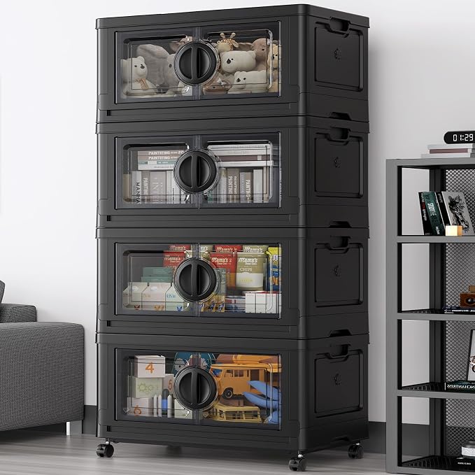 BROVIEW 480Qt Lockable Stackable Storage Bins with Lids, Closet Organizers and Storage Drawer, Collapsible Storage Bin with Wheels, Plastic Cabinet for Toy Clothes Dorm Organizer, V9 4 Pack Black by BROVIEW-EnjoytheArtofLife
