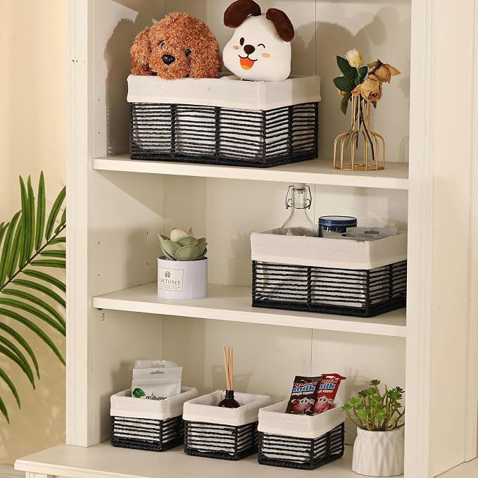 Wicker Storage Baskets, Hand-Woven Paper Rope Black Baskets for Storage, Rectangular Small Wicker Baskets for Organizing, Cube Storage Bins for Closet/Clothes/Dresser, Black, 5-Pack - Image 5