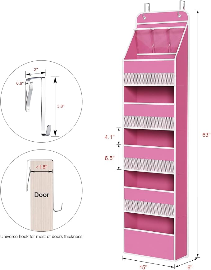 Univivi Fabric Over Door Hanging Organizer for Baby Nursery, Pink, 6-Shelf | Door Storage with Large Capacity Breathable Mesh Pockets, Over Door Storage Organizer for Baby Essential, Bedroom, and Dorm - Image 3