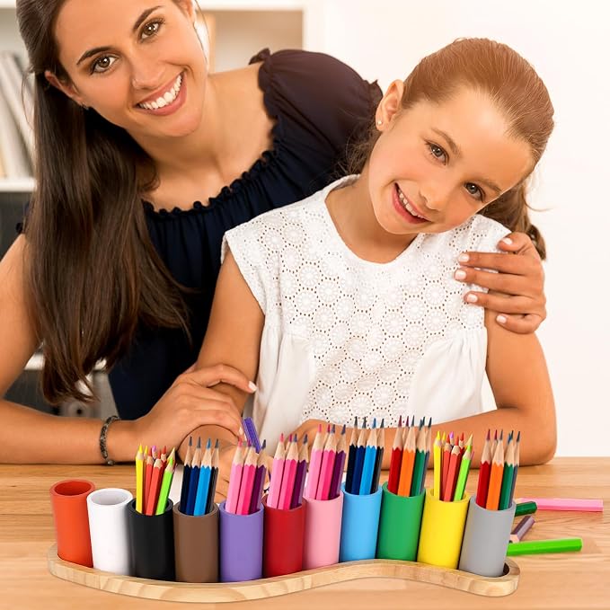 Wooden Colored Pencil Holder, Crayon Organizer | with 11 Colorful Cups Pencil Storage Box with S-Shaped Base for Children Office School Supplies - Image 5