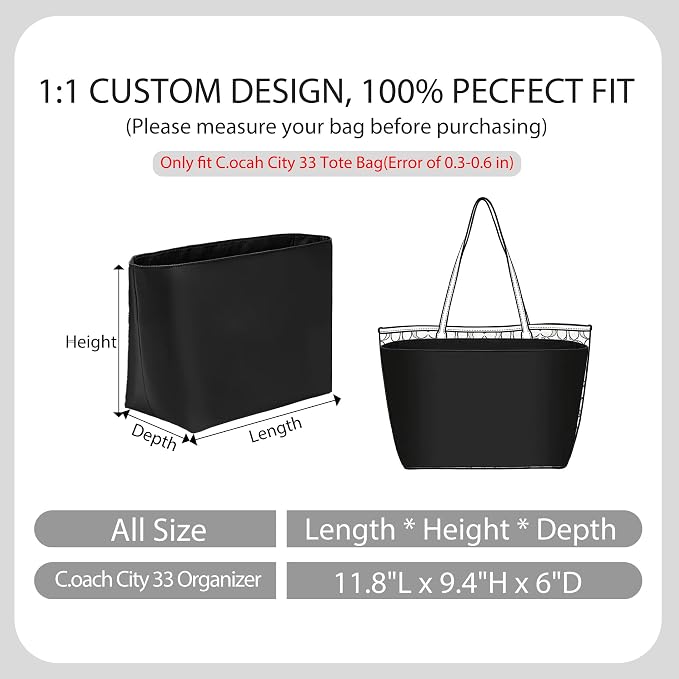Tote Bag Organizer Insert for Coach City 33 Bag, Premium Soft Nylon Purse Organizer Insert with Laptop Sleeve, Handbag Inner Divider Shaper with Elastic Cup Holder & Smooth Zipper(City33/Black) - Image 3