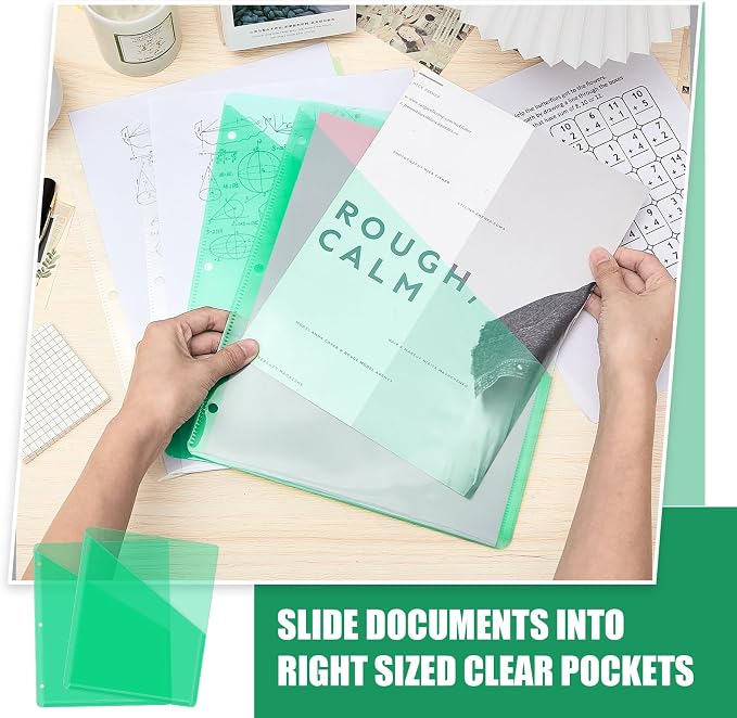 Seajan 100 Pcs Binder Pocket Folders, Clear 3 Ring Binder, Green | Plastic Folders Sleeves with 2 Pockets, Poly Slash File Jackets, 3 Hole Punched Dividers for School, Office, Documents - Image 4