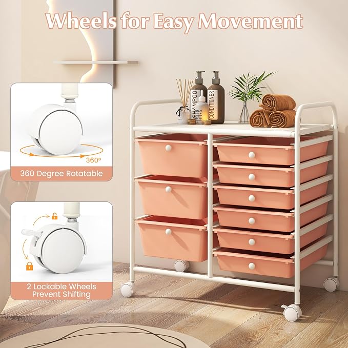 RELAX4LIFE 9 Drawer Rolling Storage Cart - Mobile Drawer Carts for Craft Art Supply Paper Salon, Utility Cart on Wheels for Classroom Teacher School Office, Rolling Cart with Drawers (Pink) - Image 7