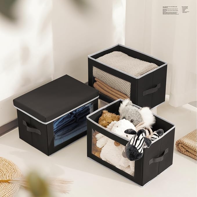 Storage Boxes with Lids, Collapsible Storage Bins with Handles, Closet Storage Baskets with Window, Fabric Storage Containers for Organizing Clothes, Towels, Books, 3 Packs, Black - Image 4