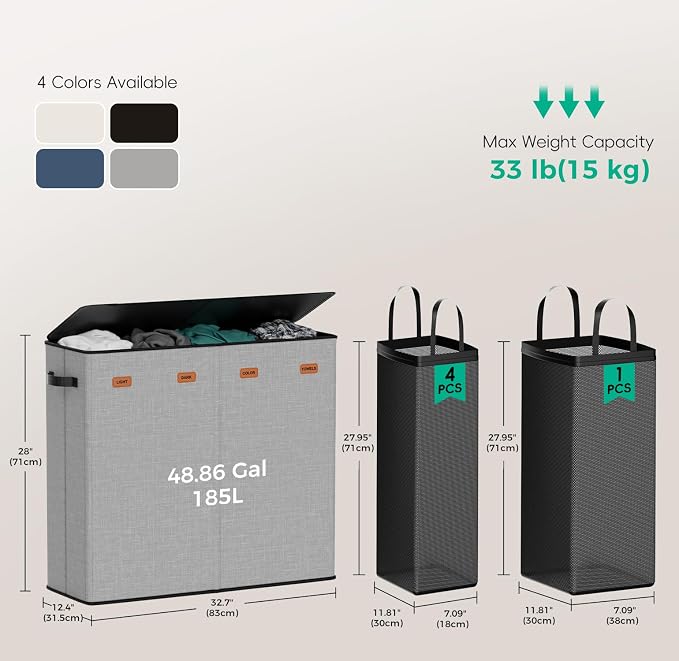 185L Laundry Hamper 4 Section with Lid & Removable Bags | Collapsible laundry basket organizer for laundry room, bedroom & dorm with 5 removable washing bags - Image 4