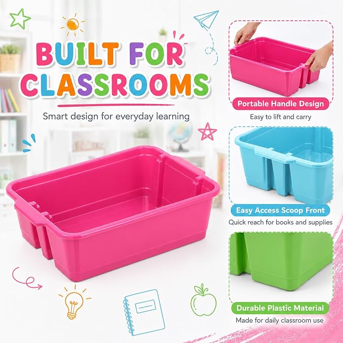 6 Pack Plastic Book Bins Stackable Classroom Cubby Organizer, Rainbow | Scoop Front Storage Bins, Cubby Bins with Handles for School Library Office Home Nursery Playroom Organization - Image 3