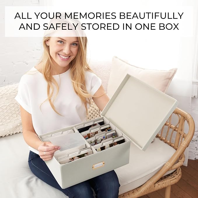 Decorative Photo Storage Box - Sturdy Linen Organizer Holds 1700 Photos | Organizer with Dividers Stores Up to 5x7 1700 Pictures - Portable Scrapbook Storage Containers with Lid - Image 3