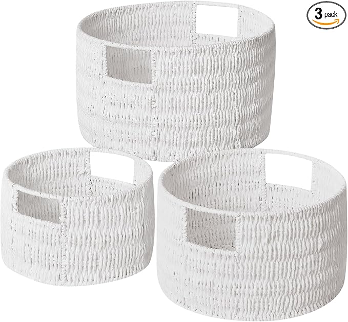 Wicker Storage Basket, Hand-Woven Paper Rope Large Round Woven Basket With Handles, Wicker Baskets for Organizing/Storage, White, 3-Pack by Vagusicc