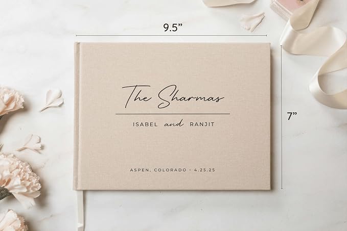 Personalized Linen Guest Book (Design 5) - 9 x 7.5 Hardcover Custom Wedding Guestbook Bride Groom Name Date Location Venue, Reception Ceremony Engagement Party Keepsake Signing Book w/ 120 Blank Pages - Image 2